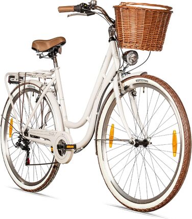 Жіночий міський велосипед 28 дюймів, підходить для зросту від 150 см, кошик з ротанга, ліхтарик для велосипеда