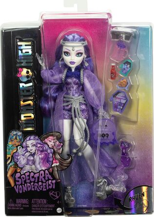 Лялька Monster High Spectra Vondergeist з тхором Руеном та аксесуарами, такими як рюкзак, планшет, снеки та інше, HXH77