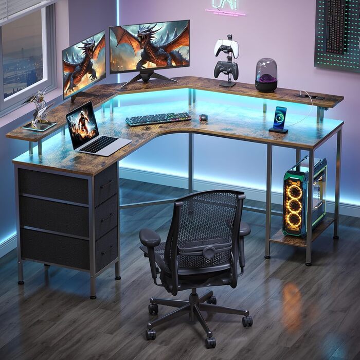 Г-подібний ігровий стіл на сім столів зі світлодіодним освітленням та розетками, кутовий стіл з 3 тканинними шухлядами та місцем для зберігання, комп&39ютерний стіл для домашнього офісу та ігор на ПК, рустикальний коричневий, 13513588 см, вінтажний коричн