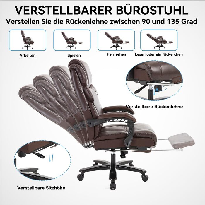 Велике та високе крісло керівника зі штучної шкіри, ергономічне офісне крісло 210 кг з підставкою для ніг, крісло для домашнього офісу з регульованою високою спинкою, обертове крісло з підголівником, комп&39ютерне крісло, коричневе