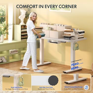 Стіл FlexiSpot з регульованою висотою Basic з організацією кабелів, гачками та цільною стільницею, ергономічний стіл для домашнього офісу, офісний стіл (120x60 см, білий) 120 x 60 см Білий біла рама