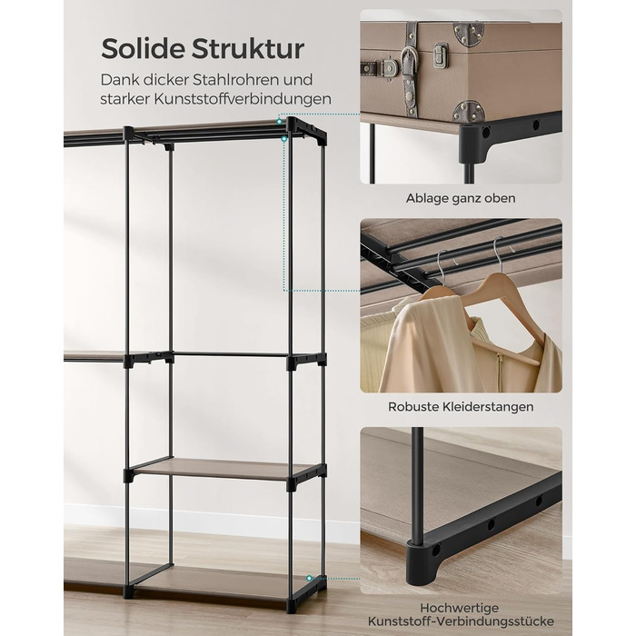 Відкрита шафа, вішалка для одягу, штанга для одягу, шафа, 3 підвісні полиці, багато місця, для спальні, вітальні, 138 x 43 x 182 см, сіро-коричневий RYG025R02 сіро-коричневий 138Д x 182В см