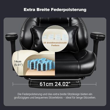 Офісне крісло BASETBL 200 кг, крісло керівника з 4-рівневою газовою пружиною, 3D-підлокітники, регульована поперекова опора та підголівник, тихі гумові ролики, широке сидіння XXL, EN12520, ергономічне офісне крісло