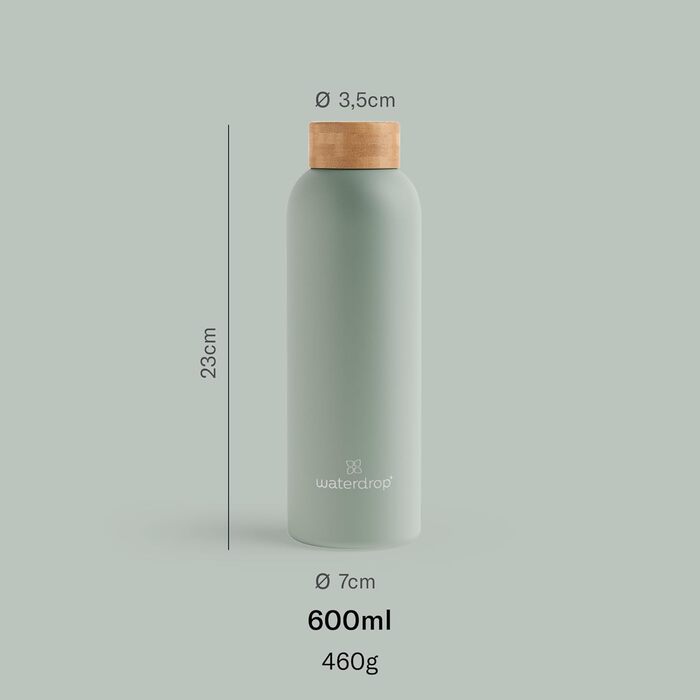 Пляшка для води waterdrop з нержавіючої сталі 600 мл - Герметична пляшка для води, підходить для газованих напоїв та не містить BPA - Термос з подвійними стінками для гарячих та холодних напоїв - Ідеально підходить для використання в дорозі, офісі та фітн