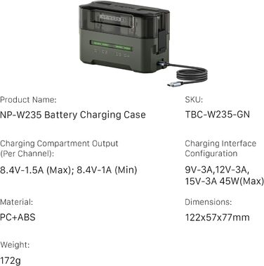 Зарядний пристрій Tilta NP-W235, 4-канальний зарядний пристрій, сумісний з акумуляторами NP-W235, портативна зарядна станція TBC-W235-GN