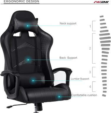 Ігрове крісло IntimaTe WM Heart, ергономічне ігрове крісло, офісне крісло з регульованим підголівником та поперековою опорою, комп&39ютерне крісло з високою спинкою, 52 x 49 x 130 см (чорне) Чорний 52 Г x 49 Ш x 130 В см