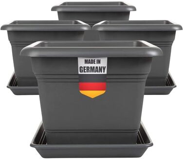 Набір з 4 великих квіткових горщиків з блюдцями, квадрат 28x28 см, 16 літрів, великі кашпо для вулиці, горщики для помідорів, квіткові горщики, горщики для рослин, Зроблено в Німеччині, Антрацит