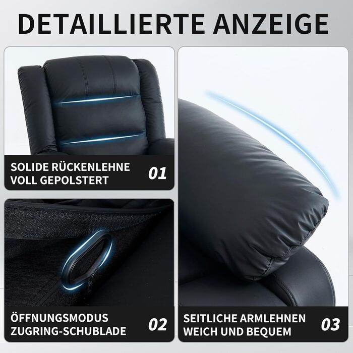 Крісло для телевізора з функцією відкидання спинки, масажне крісло з функцією підігріву, крісло-реклайнер з функцією відкидання спинки, крісло для вітальні, зручне крісло для читання, крісло для відпочинку з ручним керуванням (чорне) Чорне ручне керування