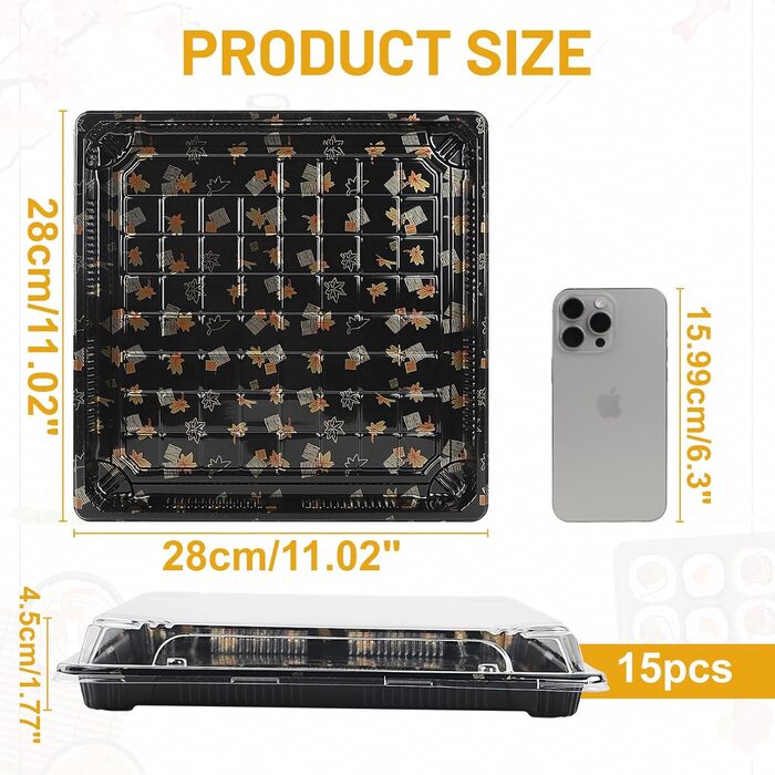 Багаторазових коробок для приготування їжі з кришками, 28 x 28 x 4,5 см, сервірувальні таці з кришками, коробки для їжі, багаторазові коробки для приготування їжі, для фуршетів, святкової їжі, суші, 28 x 28 x 4,5 см, 15