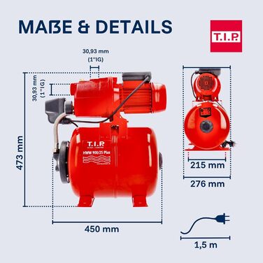 Насосна станція T.I.P. Hauswasserwerk Guss 2800 л/год, продуктивність 42 м, висота напору 600 Вт, 18 л гідроакумулятор. Міцний та тихий насос для поливу та підвищення тиску води, HWW 900/25, 31300