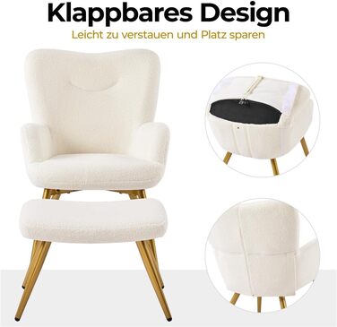 Крісло-крило Yaheetech з пуфом для ніг з тканини букле, реклайнер з підставкою для ніг, шезлонг зі складною спинкою, крісло під телевізор для вітальні/спальні кольору слонової кістки