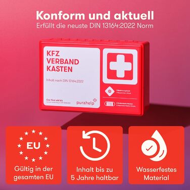 Автомобільна аптечка PURAHELP відповідно до чинного стандарту 2024 DIN 13164 (відповідає StVO) - Вкл. реанімаційну тканину, 2 смуж