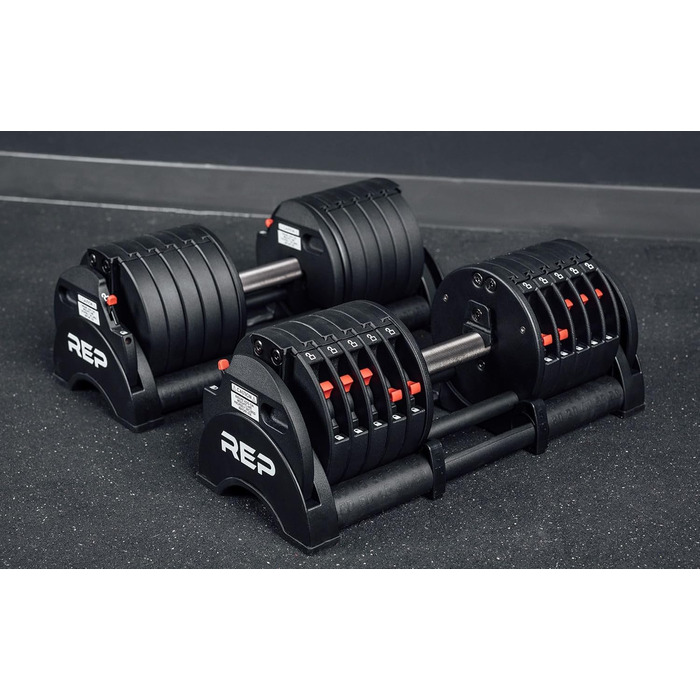 Регульовані гантелі Rep Fitness Quickdraw, доступні в кількох діапазонах ваги, включаючи 5-30, 5-40, 5-50 та 2,3-27,2 кг, 2,3 - 18 кг