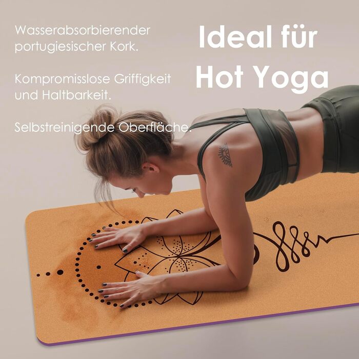 Килимок для йоги з корку, нековзний, унікальний дизайн, надзвичайно товстий натуральний корок, килимок для фітнесу з ТПЕ з сумкою для перенесення та ремінцем, для дому, пілатесу, аеробіки, тренажерного залу та тренувань, фіолетовий лотос