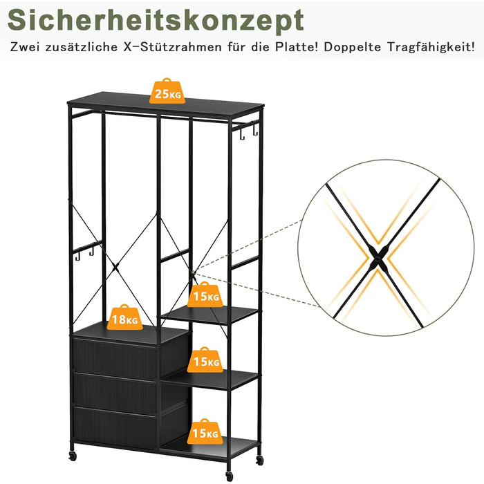 Штанга для одягу, міцна, для шафи - окремостояча портативна шафа-гардероба з колесами, дерев&39яною стільницею, сталевим каркасом, тканинними висувними ящиками та регульованими полицями, чорна