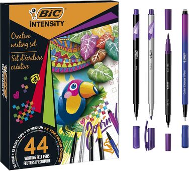 Набір ручок BIC Intensity 44 шт. и 12 пензлів з подвійним наконечником Фломастери та 3 різних типи тонкої підводки 12 із середнім кінчиком, 16 із тонким кінчиком і 4 з функцією Зміна кольору Набір фломастерів із 44 шт.