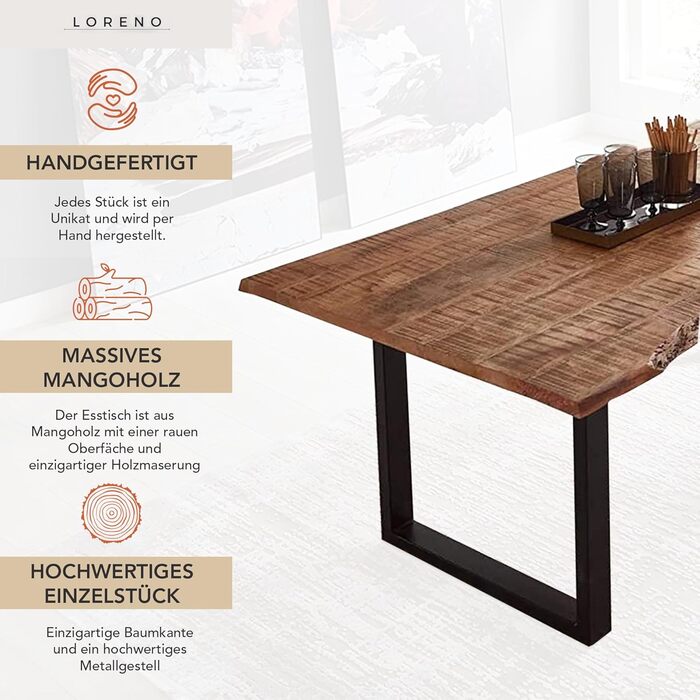Обідній стіл Loreno ручної роботи з мангового дерева, 120x80 см - 300x100 см, стіл з масиву дерева з рельєфним краєм, основа, стійкий та стійкий - Дерев&39яний обідній стіл, Кухонний стіл, Обідній стіл з масиву дерева