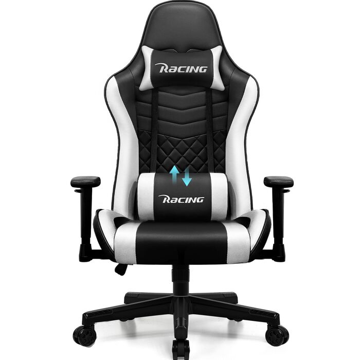 Ігрове крісло, функція гойдання до 170, офісне крісло, ігрове крісло з регульованою поперековою подушкою, підголівником та підлокітниками, ігрове крісло зі зручними подушками сидіння, ігрове крісло вантажопідйомністю 150 кг