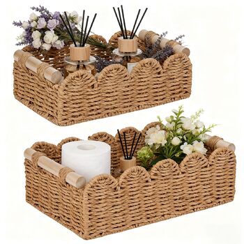 Набір із 2 плетених кошиків для зберігання, кошики для зберігання в стилі макраме бохо з ручками, декоративний органайзер для стільниці ручної роботи з тканого матеріалу для спальні, вітальні, ванної кімнати (світло-коричневий)