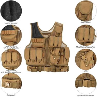 Чоловічий тактичний жилет Lejie Tactical Vest Чоловічий жилет на відкритому повітрі з кишенями - тактичний жилет для полювання риболовлі кемпінгу Airsoft Пейнтбол Військовий 58 * 40см TAN