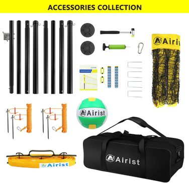 Волейбольна сітка Airist для вулиці з високою міцністю – з системою захисту від провисання, регульованими алюмінієвими стійками, професійний комплект для заднього двору та пляжу, з волейбольним м'ячем та жовтою сумкою для перенесення