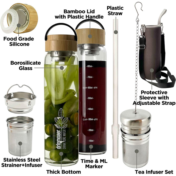 Скляна пляшка для пиття об&39ємом 1 літр з бамбуковою кришкою та рукавом для розсипного чаю, холодної кави, пляшки для чаю з заварювальним контейнером, скляної пляшки для води 1 л (оригінальна)