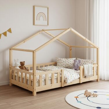 Дитяче ліжко Treviolo 90 x 200 см Дерев&39яне ліжко для дітей із захистом від падіння Каркас ліжка Монтессорі з рейковою основою, сосновий дерев&39яний, колір натурального дерева, 90 x 200 см