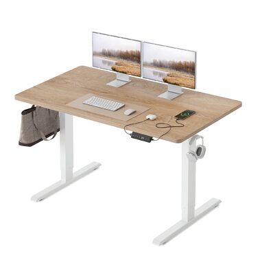 Стіл FEZIBO з регульованою висотою, цільна стільниця, 120 x 60 см, стіл з регульованою висотою та портами зарядки USB-A та USB-C, стіл для роботи сидячи та стоячи для домашнього офісу, стіл для роботи стоячи, дуб 120 x 60 см