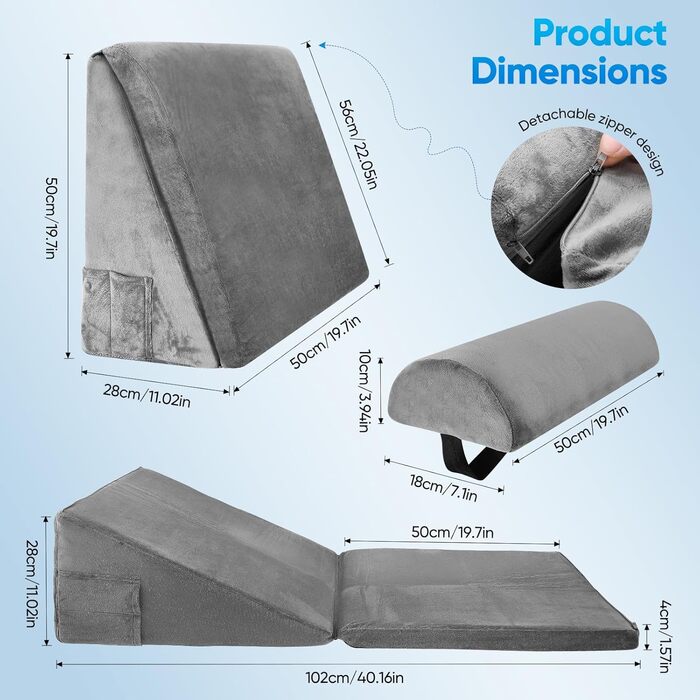 Клиноподібна подушка для ліжка та дивана, двошарова подушка для читання з піни з ефектом пам&39яті, регульована клиноподібна подушка, ергономічна подушка для голови, клиноподібна подушка для підтримки ніг та спини під час гри чи читання (сіра) (50*50*28 с
