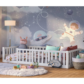 Ліжко Bellabino Tapi 90x200 см, дитяче ліжко із захистом від випадіння, включаючи рейкову раму, підлогове ліжко Монтессорі для хло