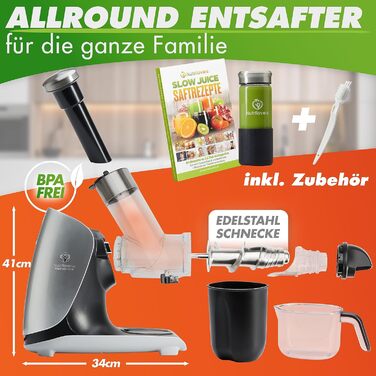 Повільна соковижималка GREEN-PRESS STAINLESS STEEL 304 Гвинт з нержавіючої сталі без BPA I німецький бренд I Переможець тесту соковижималки для цілих фруктів і селери, овочів і фруктів 2023 року Allrounder Електрична соковижималка Silver Knight / Нержавію