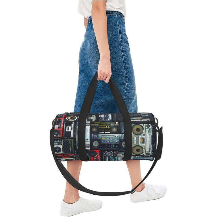 Спортивна сумка, дорожня сумка, вінтажний стиль, принт Радіостіна, сумка на нічліг, чорна, універсальний розмір, сумка для подорожей