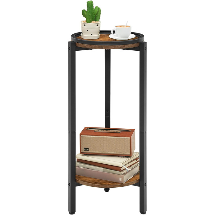 Журнальний столик HOOBRO, маленький столик, 2-ярусний круглий журнальний столик, столик-диван, столик для напоїв, для невеликих приміщень, вітальні, спальні, вінтажний коричневий та чорний EBF167BZ01