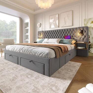 Двоспальний комплект ліжка 180 x 200 см з 2 тумбочками та 4 шухлядами, узголів&39ям зі світлодіодним підсвічуванням та функцією зарядки через USB - повний спальний гарнітур, оксамит, без матраца 180x200 сірий B