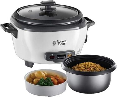 Рисоварка Russell Hobbs мала середня 0,8 л з вставкою для пароварки (функція підтримки тепла, каструля з антипригарним покриттям, ложка для рису та мірна чашка, мультиварка для овочів та риби тощо) 27030-56 Одинарний