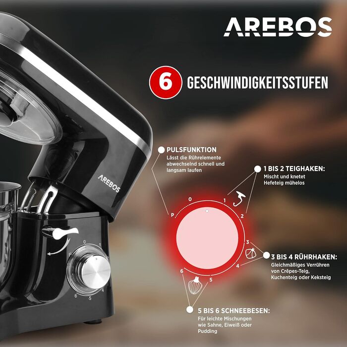 Кухонний комбайн Arebos 1500 Вт з чашею для змішування з нержавіючої сталі об'ємом 6 л Чорний з гачком для змішування, гачком для тіста, вінчиком Захист від бризок 6 швидкостей Тістомісильна машина Тістомісна машина