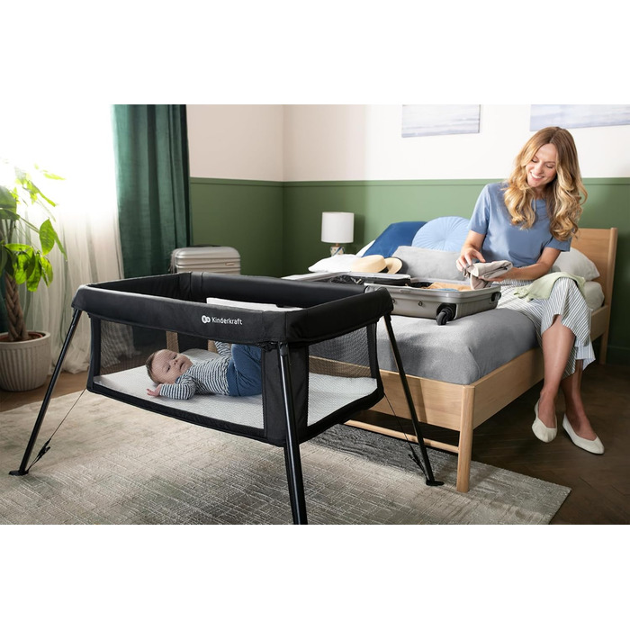 Дитяче ліжечко Kinderkraft CAMI 3-в-1, дорожнє ліжечко для малюків від народження до 3 років, функція манежу, легке компактне складання, дорожній рюкзак у комплекті, два рівні, чорний