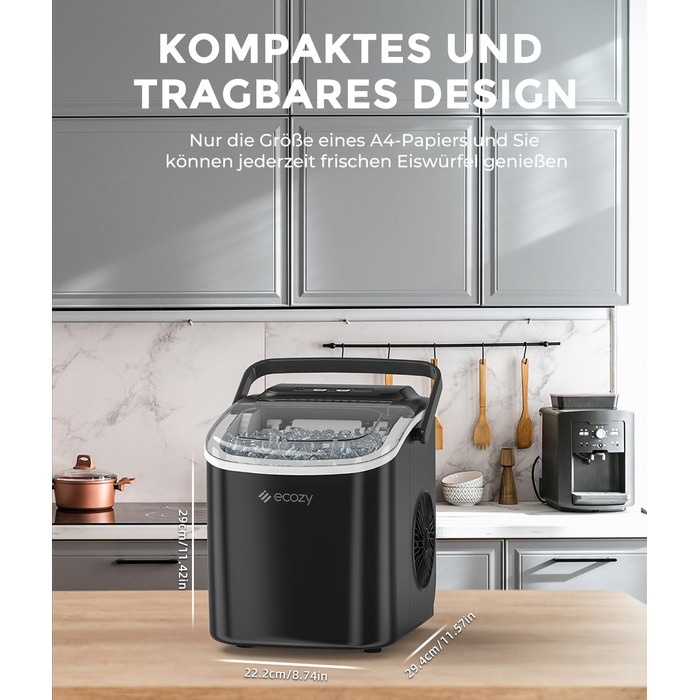 Машина для кубиків льоду, Машина для кубиків льоду маленька, самоочисні машини для виробництва кубиків льоду, 2 розміри кубиків льоду, 9 кубиків за 6 хвилин готовності, Льодогенератор 12 кг/24 години для дому, вечірка чорна