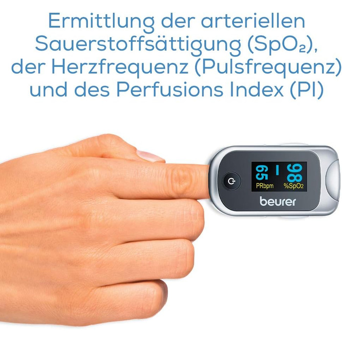 Пульсоксиметр Beurer PO 40, вимірювання насичення крові киснем (SpO), частоти серцевих скорочень (пульсу) та індексу перфузії (PI), безболісне нанесення, кольоровий дисплей, сіро-сірий одинарний