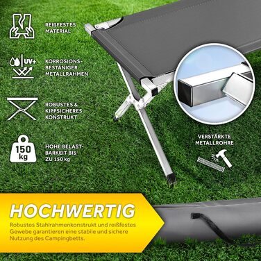 Кемпінгове ліжко, Похідне ліжко, 190 x 64 x 44 см, Металева труба - Вантажопідйомність до 150 кг, 190 x 64 x 44 см, Сірий