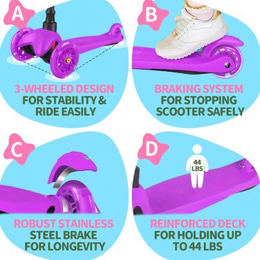 Самокат дитячий 2 роки, 3-колісний самокат зі світлодіодними колесами, що світяться, регульований по висоті, нахил для керування,