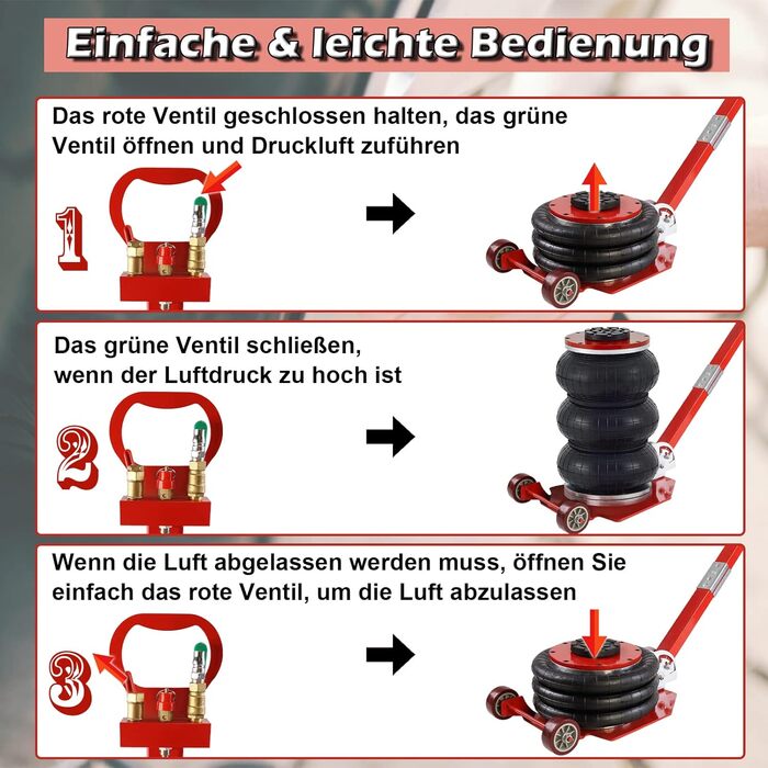 Тонний пневматичний домкрат 6600 LBS Пневматичний домкрат Повітряний домкрат для сімейних легкових автомобілів Вантажівка - Червоний, 3-