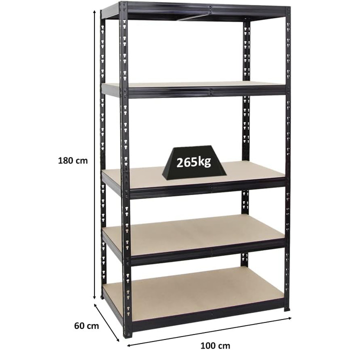 Надміцний стелаж Tiger Black 180x100x60 см, загальне навантаження 1365 кг. Стелаж для підвалу, стелаж без болтів, гаражний стелаж, стелаж для зберігання 180x100x60 см 5 полиць чорного кольору