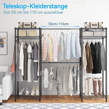 Телескопічна вішалка для одягу Himimi з 4 шт. ангами для одягу та 6 полицями з регульованою висотою, 1 гачок, телескопічна система полиць, Ш (175-230) x В 180 см, адаптується до кімнат різних розмірів, чорна, 175-230 x 35 x 180 см, чорний