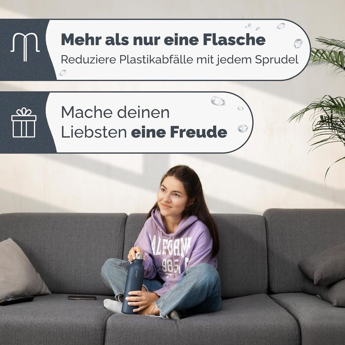 Сумісний з Sodastream DUO, E-DUO Пляшка з нержавіючої сталі об'ємом 1 л з порошковим покриттям Металева пляшка, яку можна мити в посудомийній машині для подорожей 100 герметичне деревне вугілля