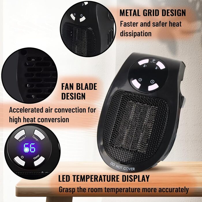 Керамічний вентилятор Hillylolly потужністю 500 Вт, вентилятор-обігрівач, що підключається до мережі, міні-вентилятор-обігрівач, настінний електричний обігрівач, енергозберігаючий та тихий вентилятор-обігрівач для ванних кімнат та кімнат (чорний)