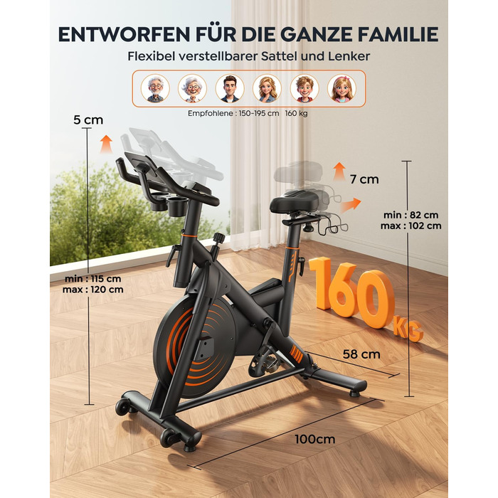 Велотренажер із застосунком, ультратихий, ергономічний дизайн, РК-дисплей з вимірюванням пульсу, магнітний опір, маховик 15 кг, до 160 кг, помаранчевий