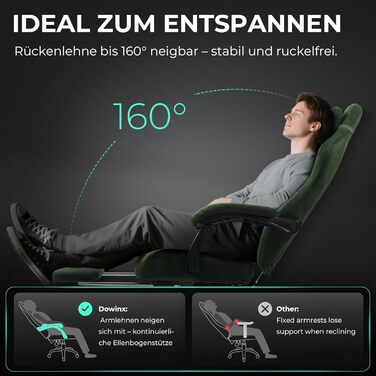 Ергономічне ігрове крісло Dowinx з масажною поперековою подушкою, регульованим по висоті підголівником, потовщеною подушкою сидіння, висувною підставкою для ніг, регульованими підлокітниками, велюр з мікрофібри, кут нахилу 155, зелене