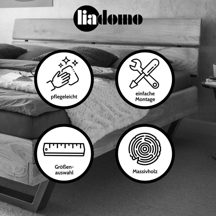 Каркас ліжка Болонья, спальне місце 180x200 см, каркас та узголів&39я з масиву акації в кольорах дерева, регульована глибина матраца, чорна металева основа 180 x 200