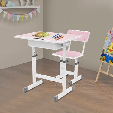 Дитячий письмовий набір, дитячий стіл з регульованою висотою (стіл 64-76 см, стілець 36-42 см), стіл з гачками, шухлядою та лотком для ручок для дітей віком 3-18 років, навчання письму та малюванню (рожевий, білий)